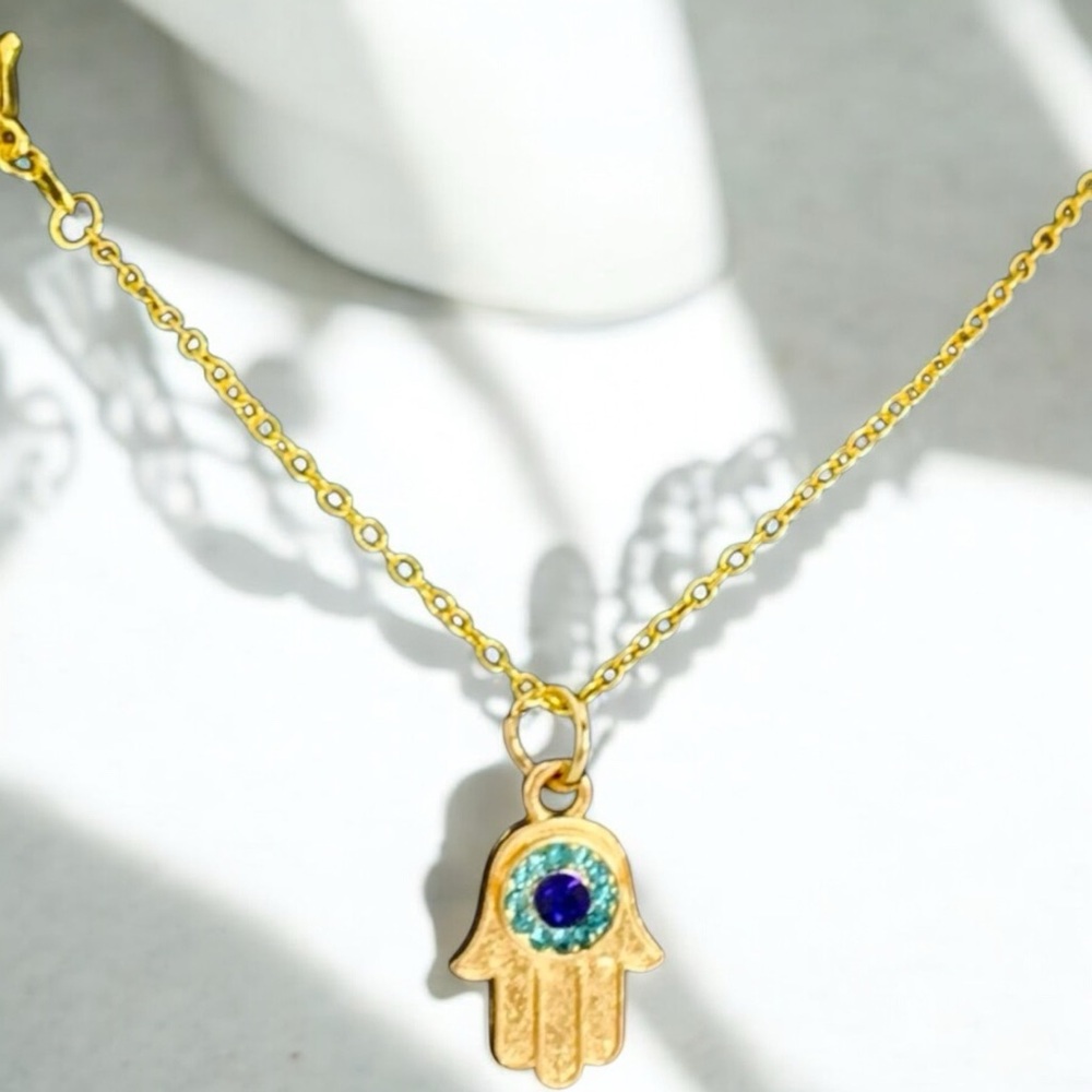 Blue Enamel, Crystal, & Gold Hamsa Evil Eye Necklace - Picture 1 of 3